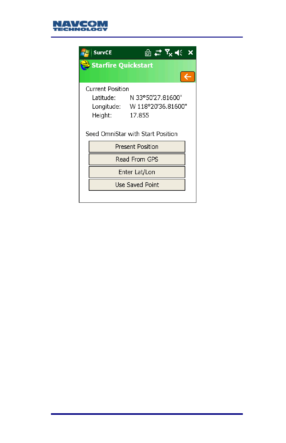 Monitor/skyplot, Monitor/skyplot -83, Figure 44: starfire quickstart window | NavCom SurveCE Integration Rev.A User Manual | Page 85 / 150