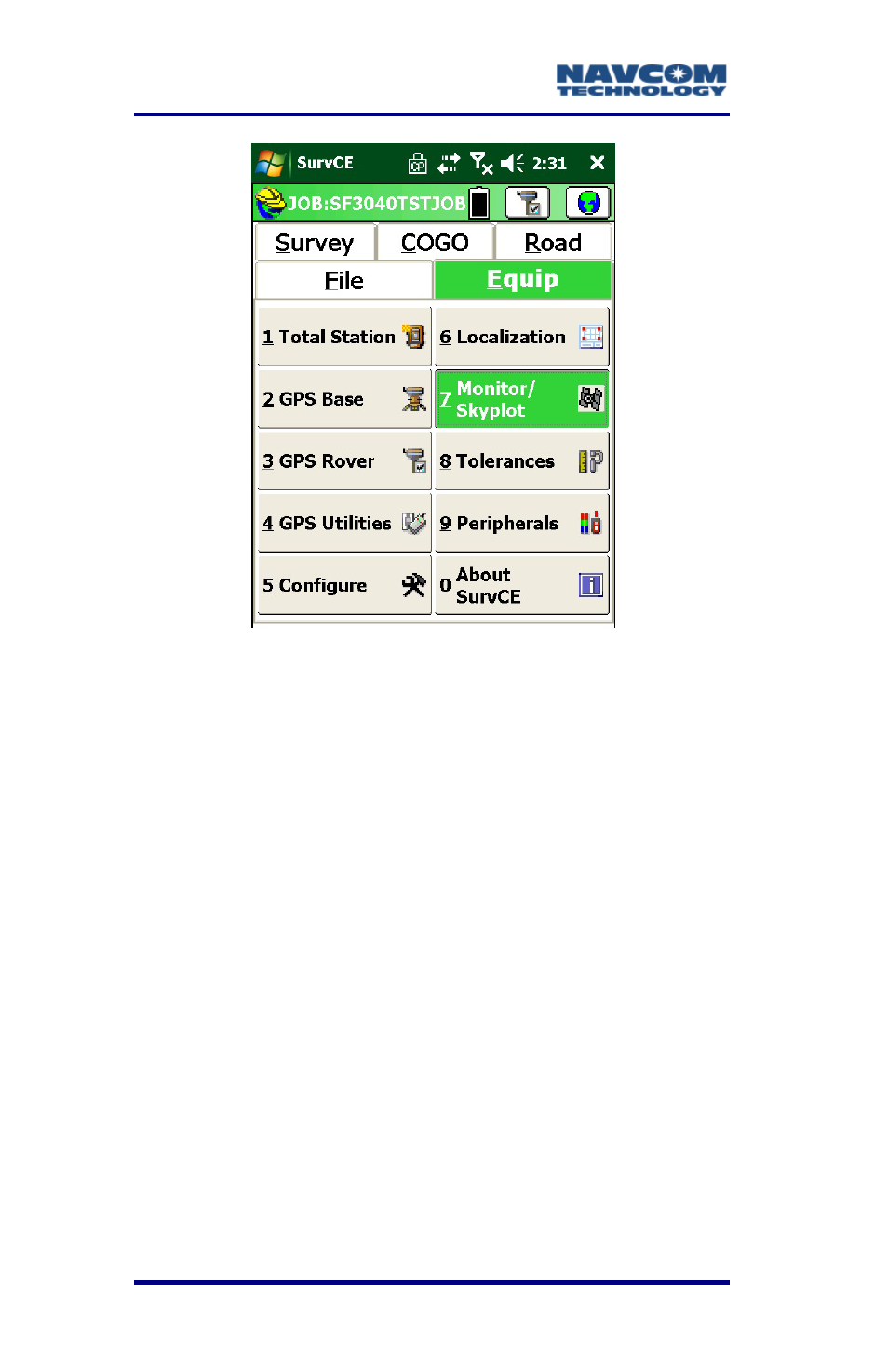 Figure 45: equip menu – monitor/skyplot | NavCom SurveCE Integration Rev.A User Manual | Page 86 / 150