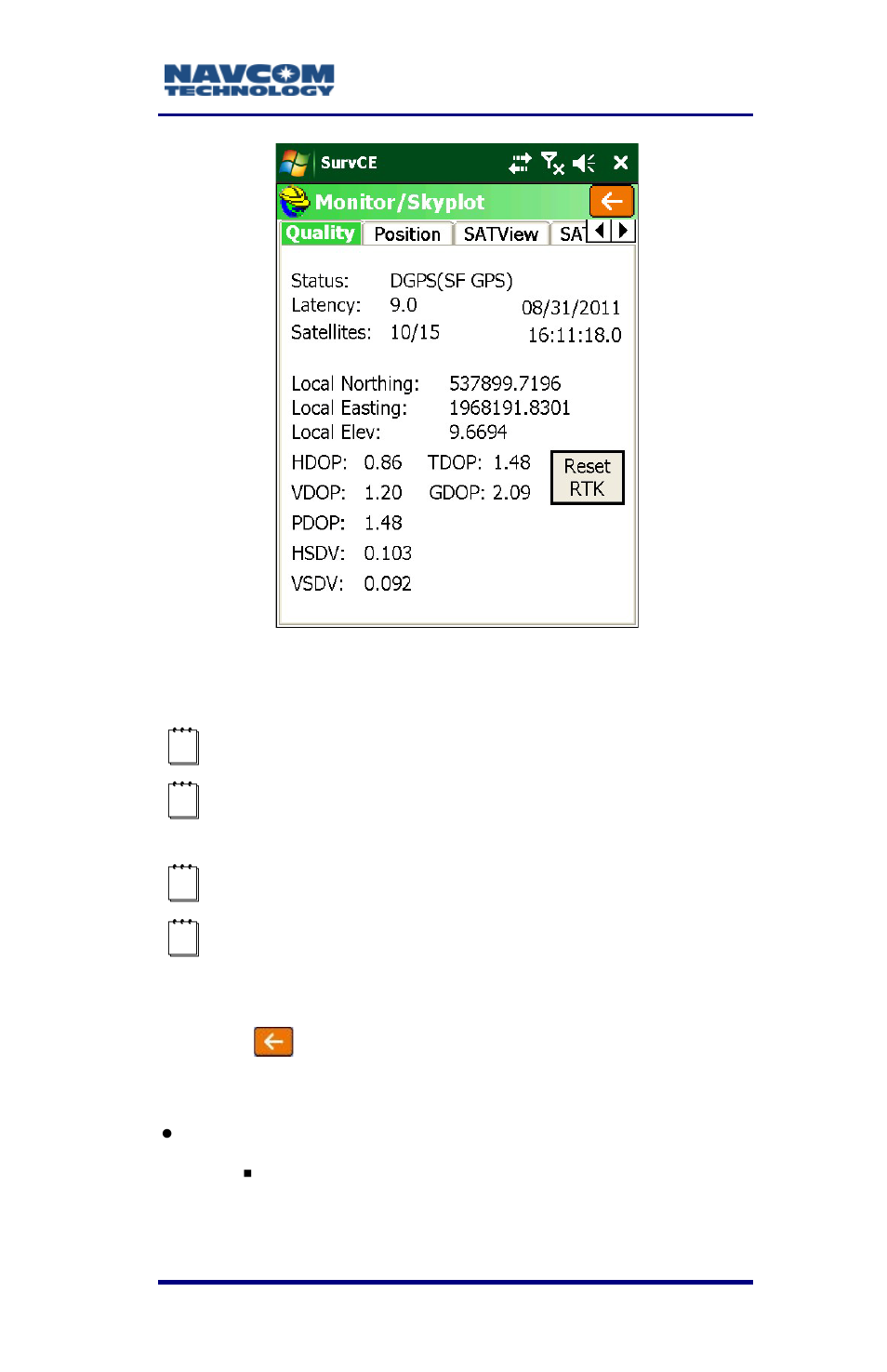 Figure 46: monitor/skyplot submenu – quality tab | NavCom SurveCE Integration Rev.A User Manual | Page 87 / 150