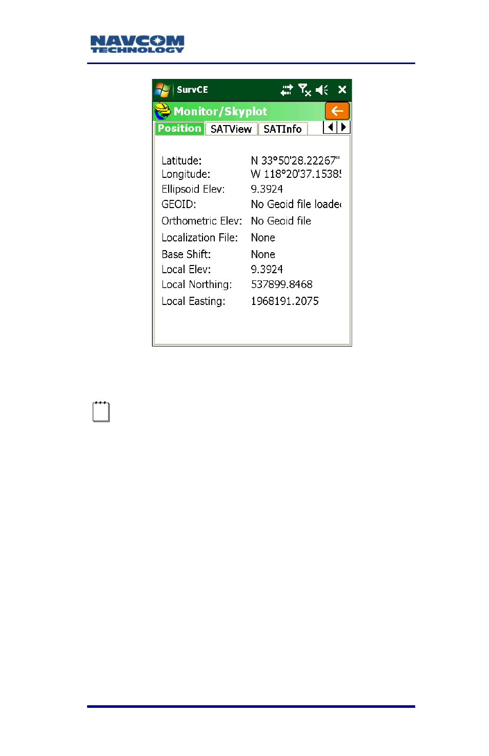 Figure 47: monitor/skyplot submenu – position | NavCom SurveCE Integration Rev.A User Manual | Page 89 / 150