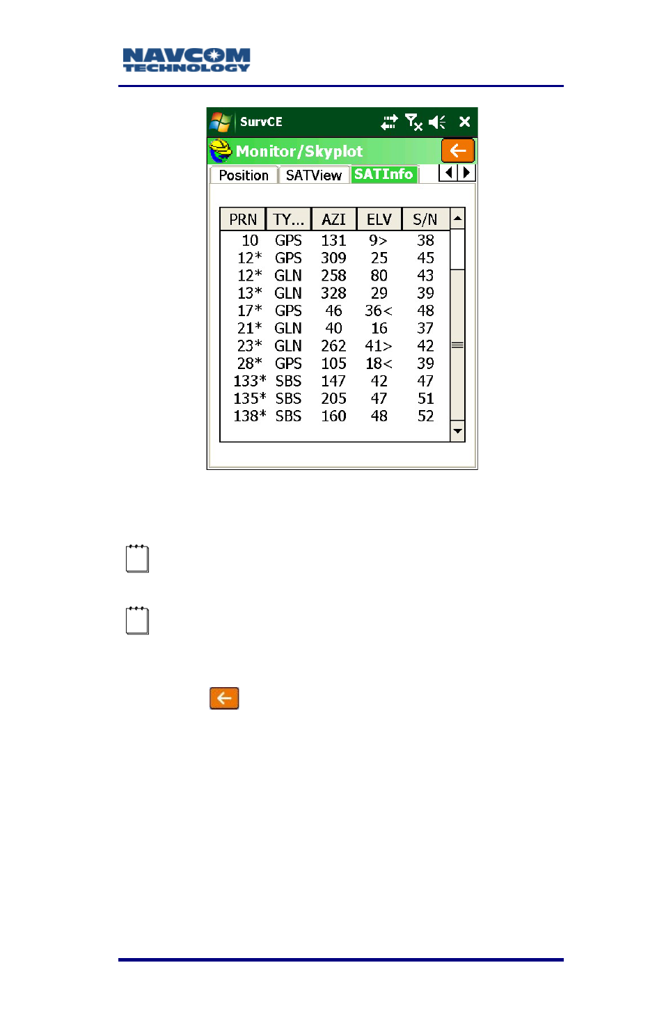 Figure 49: monitor/skyplot submenu - satinfo | NavCom SurveCE Integration Rev.A User Manual | Page 91 / 150
