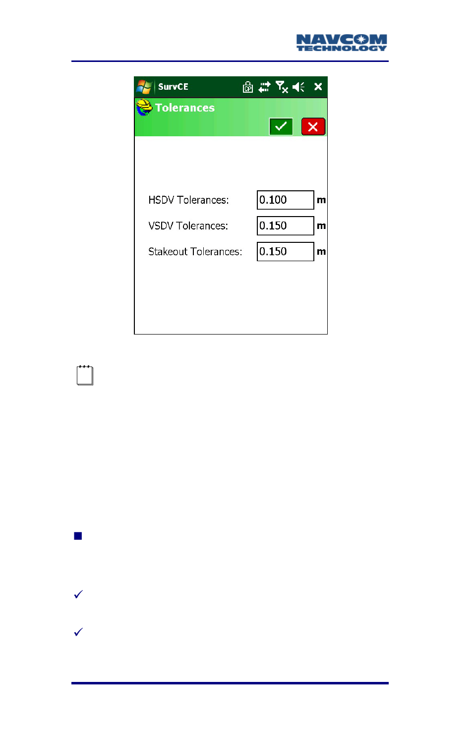 Survey menu (measuring point positions), Survey menu (measuring point positions) -94, Figure 54: tolerances window options | NavCom SurveCE Integration Rev.A User Manual | Page 96 / 150