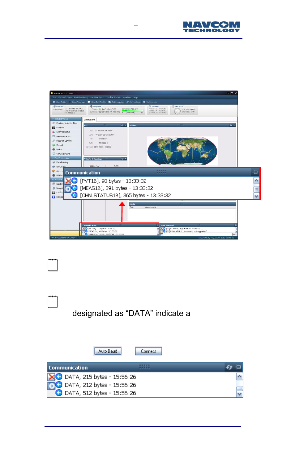 Figure 8: starutil 3000 communication window, Figure 9: connection at incorrect baud rate | NavCom SF-3040 Rev.F User Manual | Page 34 / 217