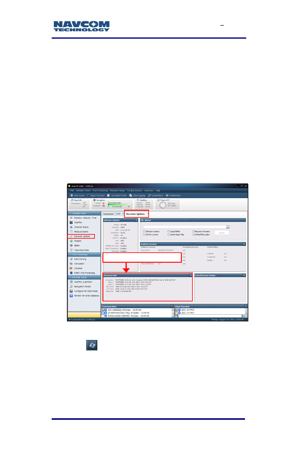 Determine current firmware versions, Figure 10: receiver options tab | NavCom SF-3040 Rev.F User Manual | Page 35 / 217