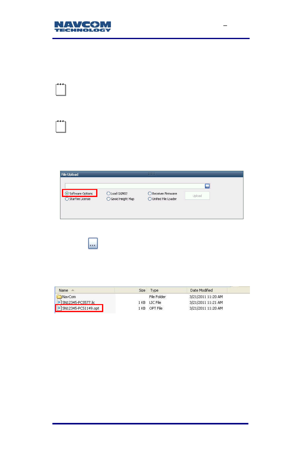 Upload software options, Figure 18: software options, Figure 19: software options file | NavCom SF-3040 Rev.F User Manual | Page 41 / 217