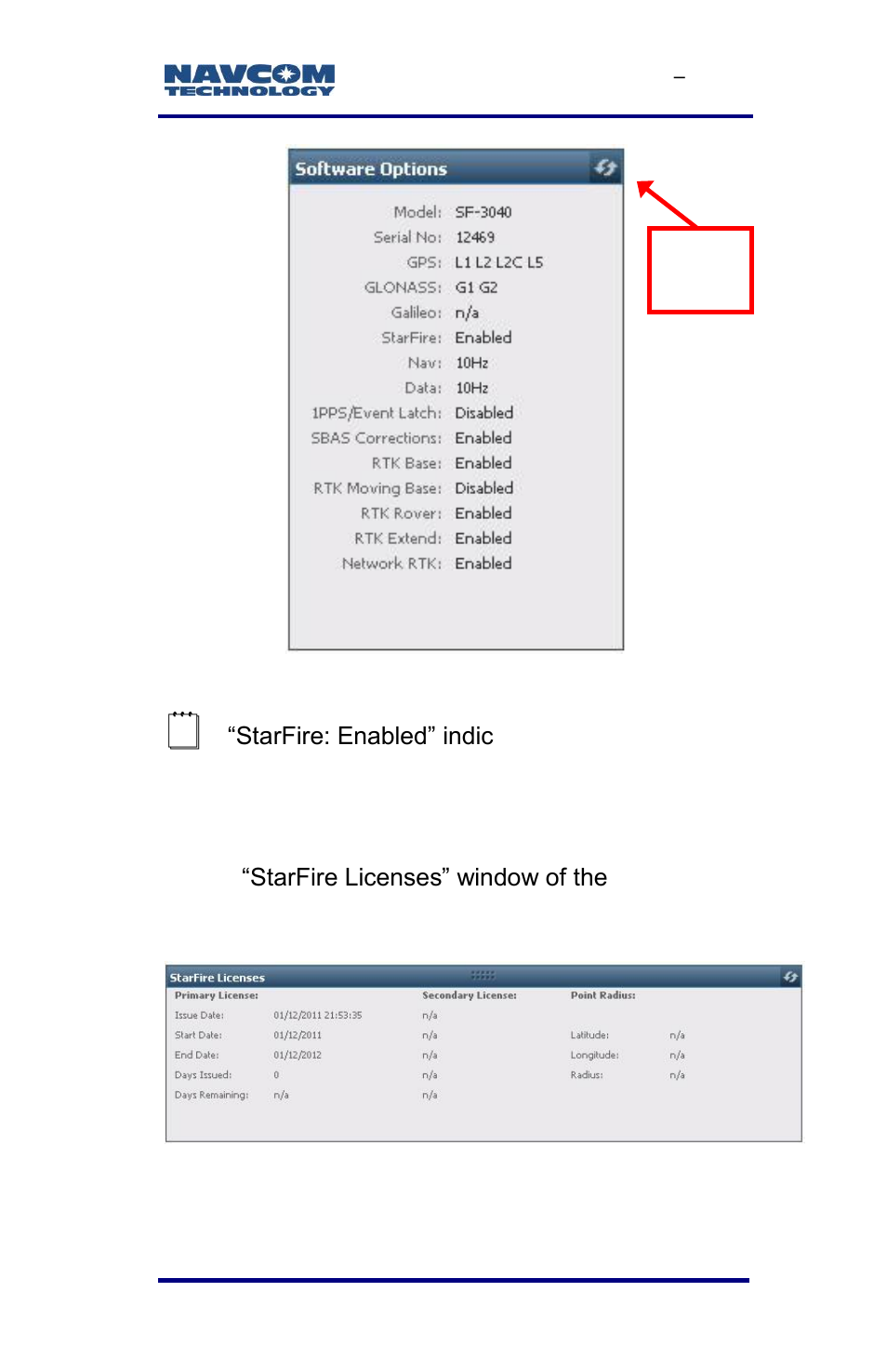 Figure 22: software options window, Figure 23: starfire licenses window | NavCom SF-3040 Rev.F User Manual | Page 43 / 217