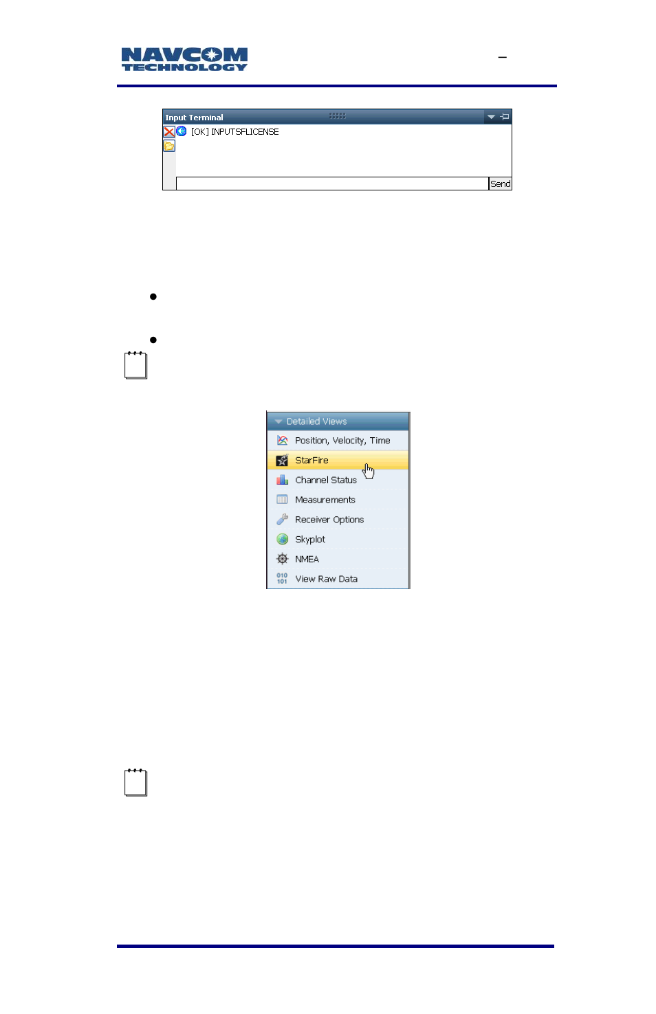 Confirm starfire navigation, Figure 29: successful starfire license upload, Figure 30: starfire menu item | NavCom SF-3040 Rev.F User Manual | Page 49 / 217