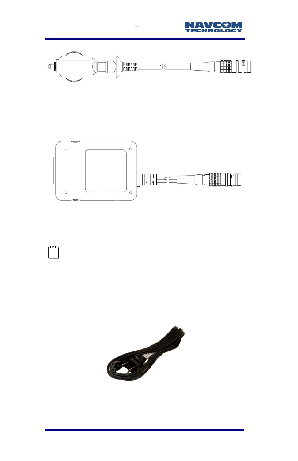 Figure 37: automotive dc power cable with, Cigarette lighter adapter (optional), Figure 38: universal ac-dc power adapter cable | Optional), Figure 39: ac two-prong power cord (optional, with, Ac/dc adapter cable) | NavCom SF-3040 Rev.F User Manual | Page 72 / 217