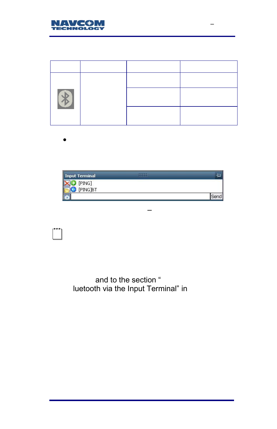 Logging data to the removable sd card, Figure 46: input terminal, Ping command and | Response, Table 9: bluetooth connectivity led indication | NavCom SF-3040 Rev.F User Manual | Page 83 / 217