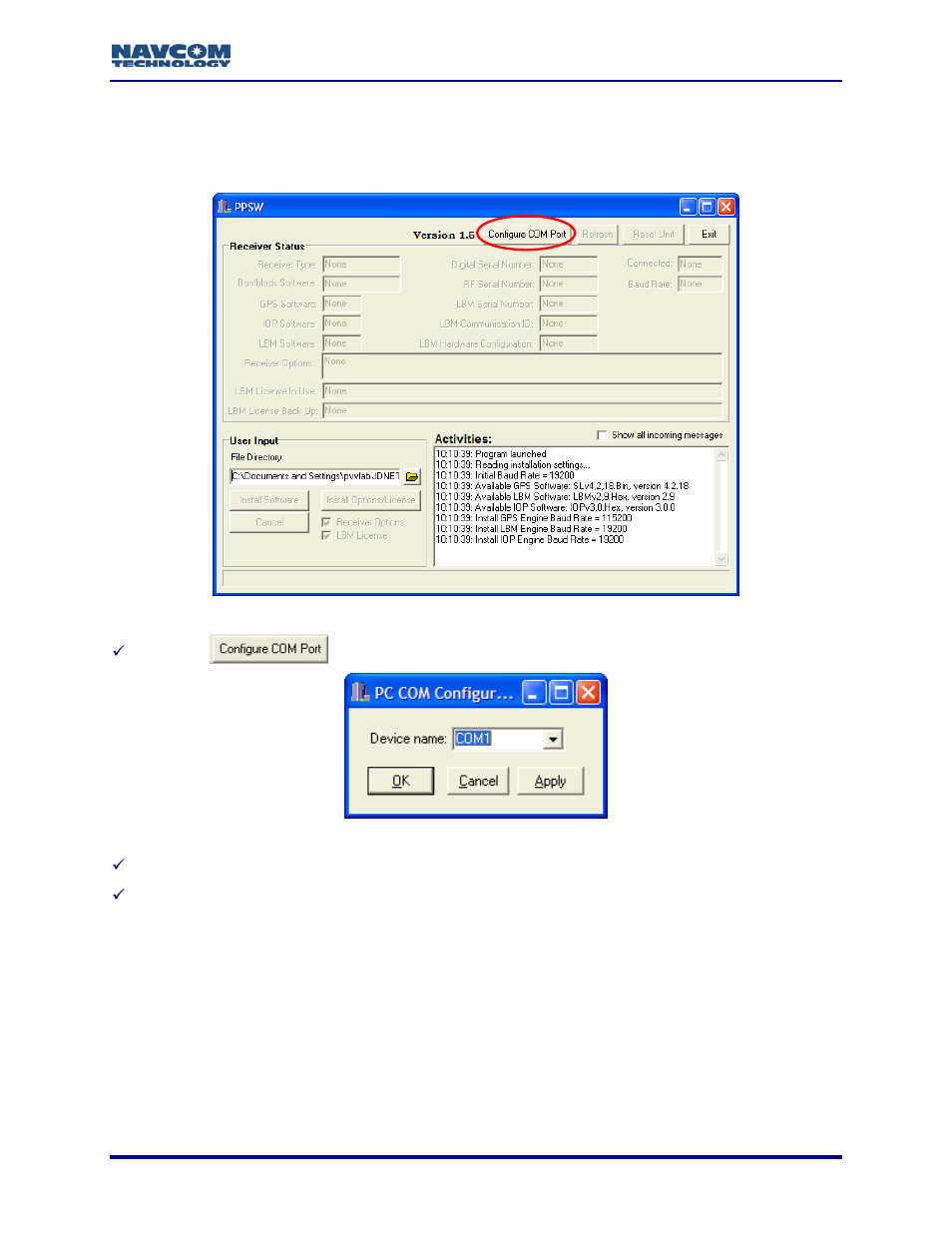 Chapter 2 establish communications, Chapter 2, Establish communications | Figure 2: configure com port, Figure 3: pc com configuration window | NavCom Install Utility Rev.C User Manual | Page 13 / 26