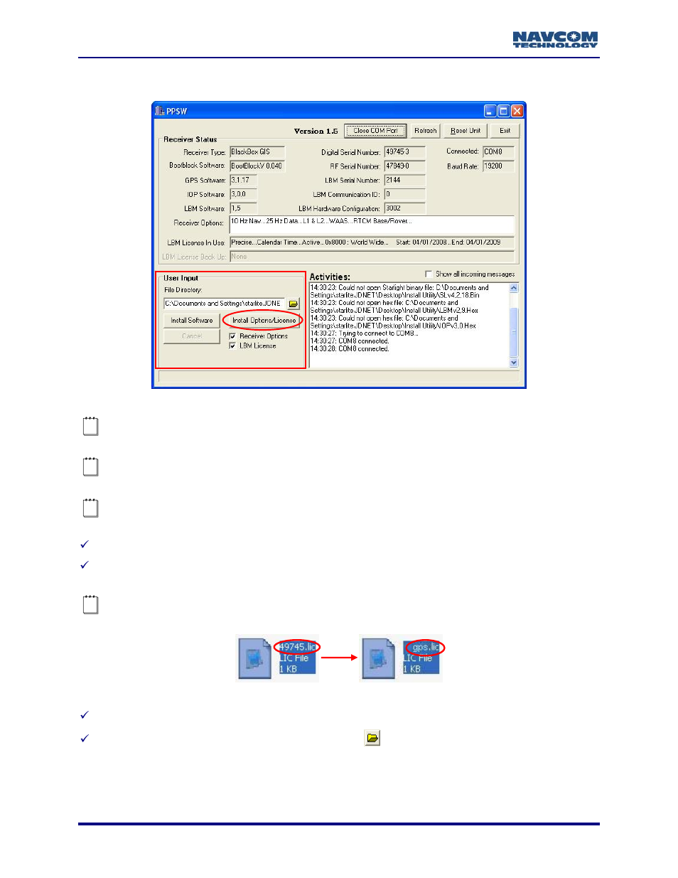 Install options, Figure 7: user input – install options/license, Figure 8: options file name change | NavCom Install Utility Rev.C User Manual | Page 18 / 26