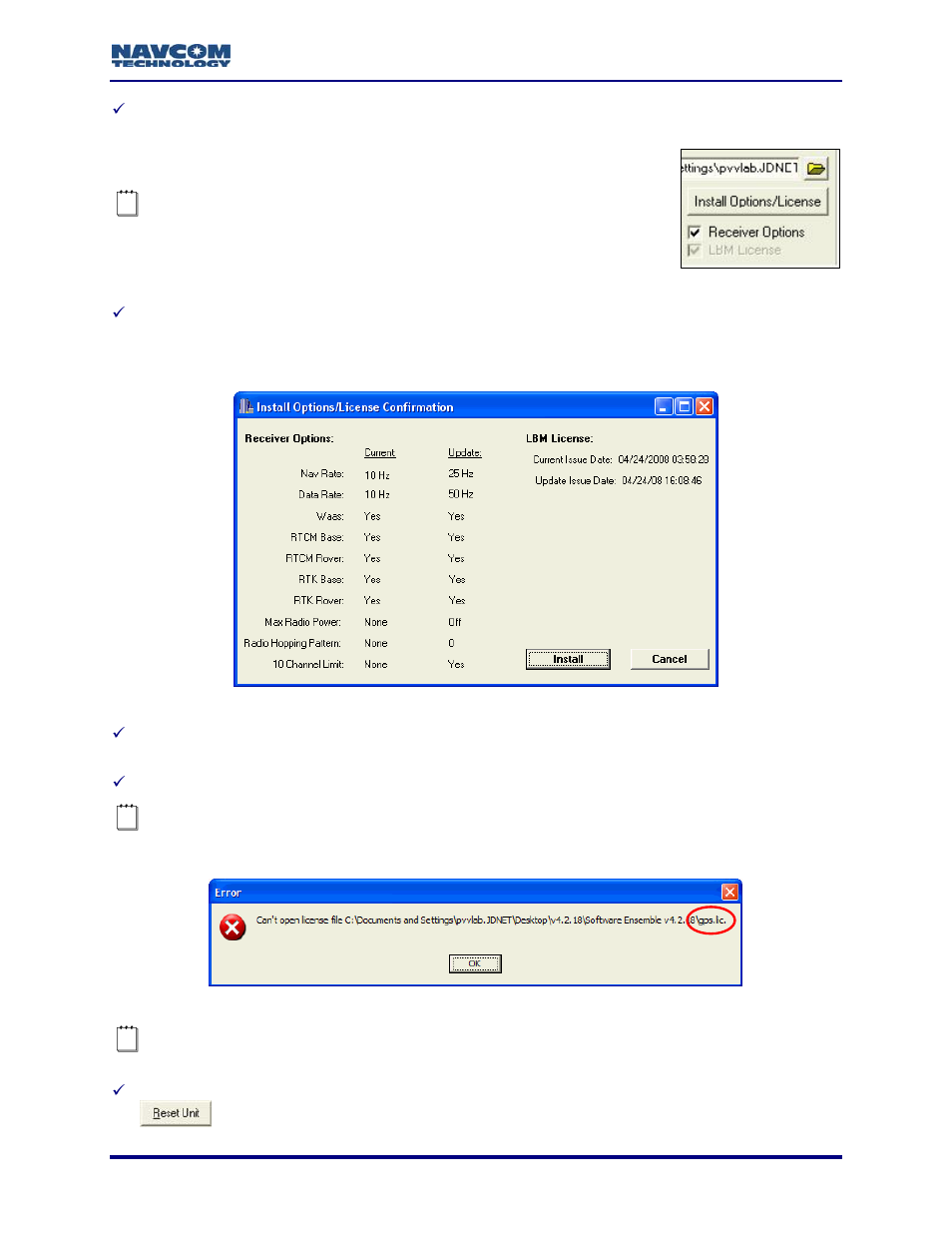 Figure 9: options upload, Figure 11: error message – can’t open license file | NavCom Install Utility Rev.C User Manual | Page 19 / 26
