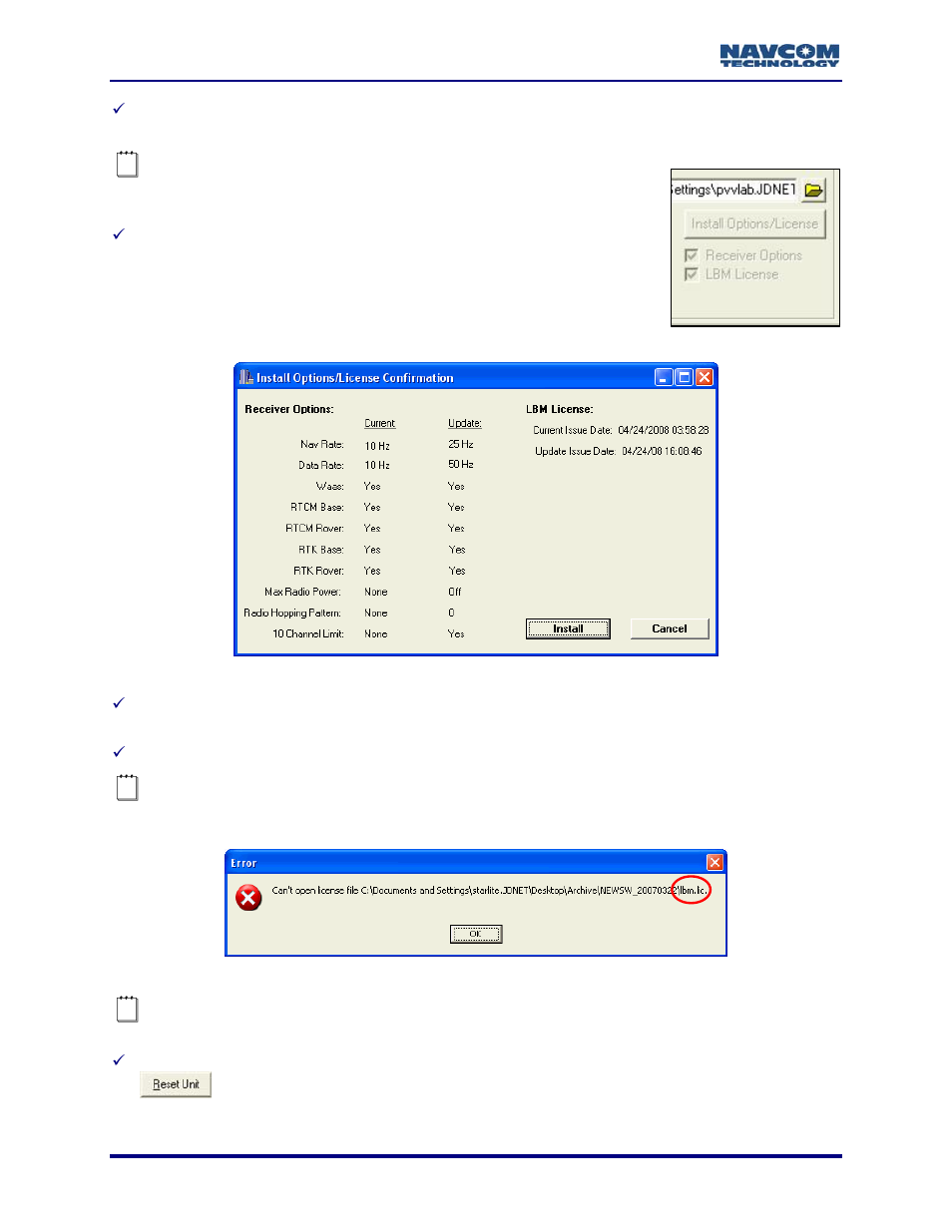 Figure 15: no files available, Figure 17: error message – can’t open license file | NavCom Install Utility Rev.C User Manual | Page 24 / 26