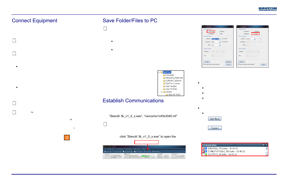 Connect equipment, Save folder/files to pc, Establish communications | NavCom LAND-PAK Quick Start Rev.B User Manual | Page 2 / 7