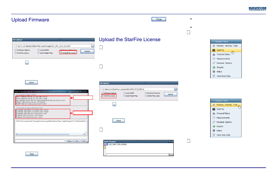 Upload firmware, Upload the starfire license, Upload a unified firmware file | Confirm starfire navigation | NavCom LAND-PAK Quick Start Rev.B User Manual | Page 4 / 7