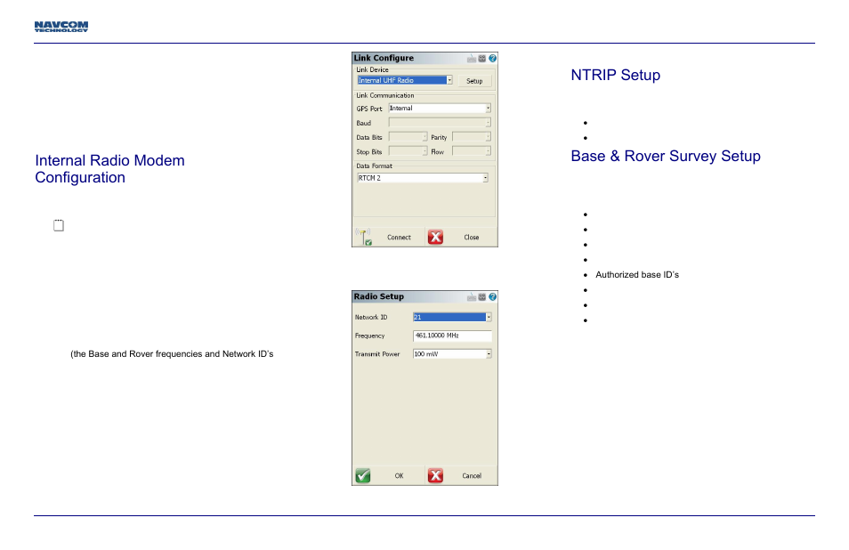 Internal radio modem configuration, Ntrip setup, Base & rover survey setup | Land-pak quick-start guide | NavCom LAND-PAK Quick Start Rev.B User Manual | Page 7 / 7
