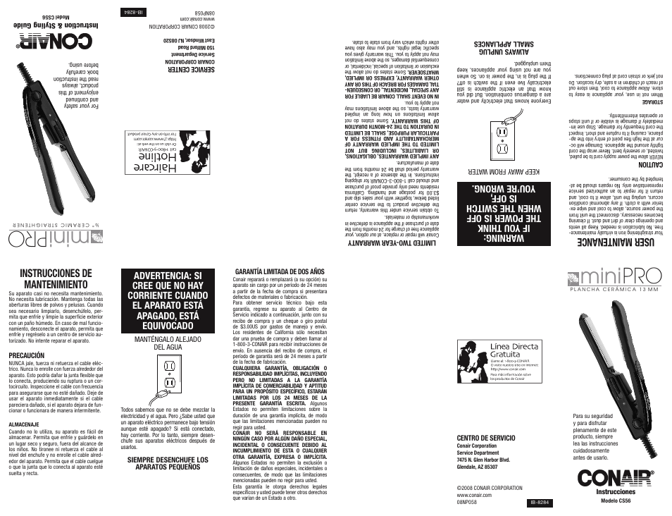 Mini, Instrucciones de mantenimiento, Use r m ain ten anc e | Conair miniPRO CS56 User Manual | Page 2 / 2