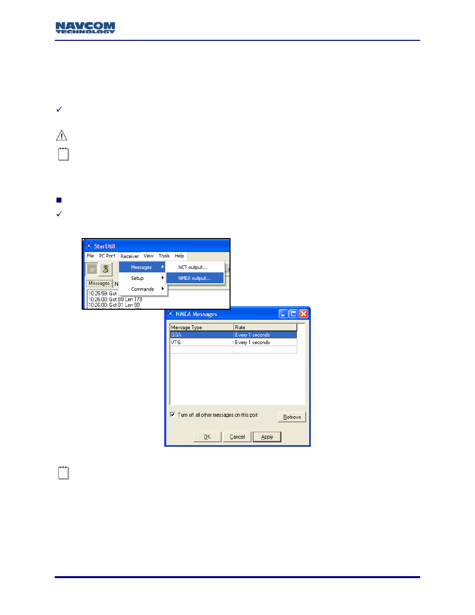 Nmea messages, Figure 100: nmea message output list, See figure 100 | NavCom StarUtil Rev.G User Manual | Page 107 / 134