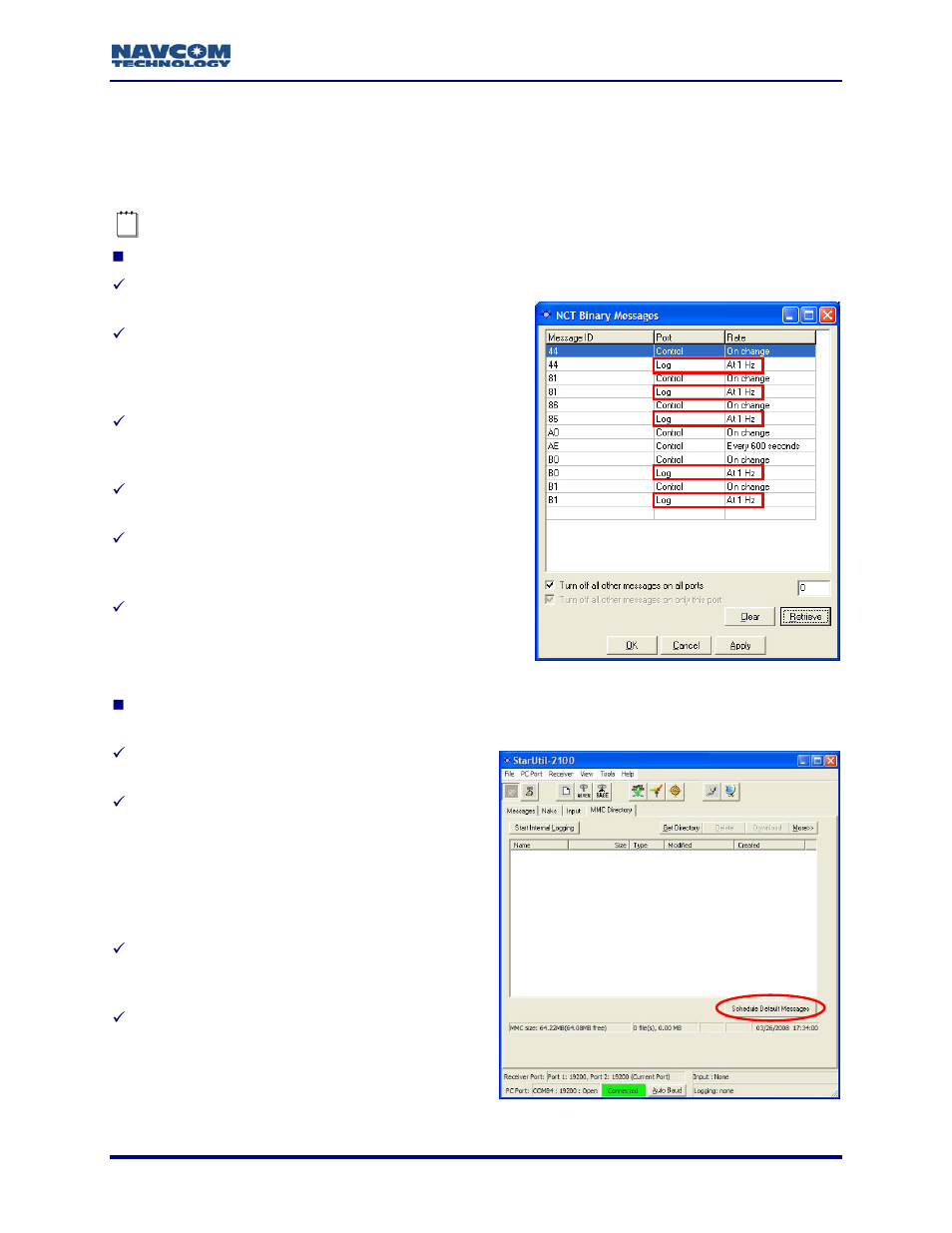 Schedule messages to log, Figure 105: log messages internally, Figure 106: schedule default messages button | NavCom StarUtil Rev.G User Manual | Page 113 / 134