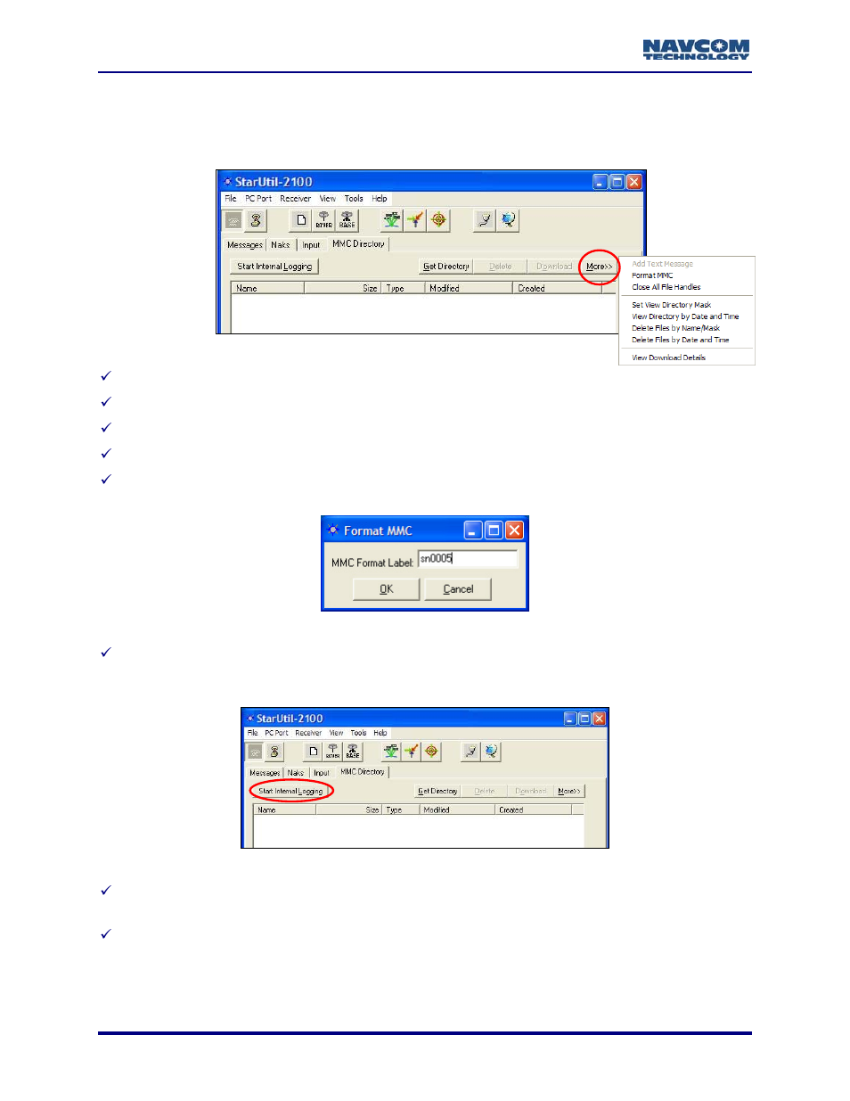 Format the mmc, Log data internally, Figure 107: mmc directory – more button | Figure 108: mmc format label, Figure 109: start internal logging button | NavCom StarUtil Rev.G User Manual | Page 114 / 134