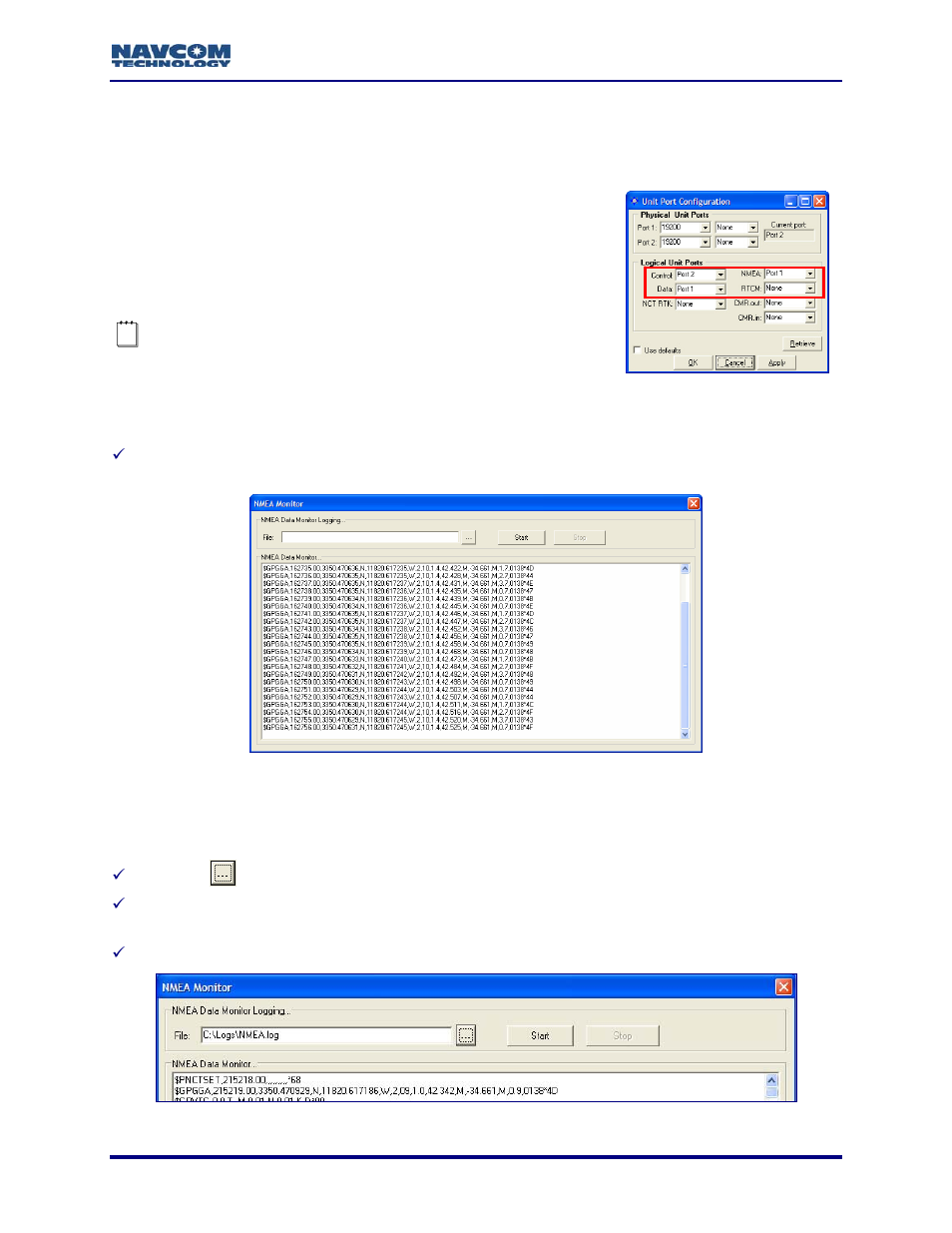View and log nmea data, Nmea viewer setup, View nmea data | Log nmea data, Figure 114: nmea set to data port, Figure 115: nmea viewer, Figure 116: nmea logging, Messages (see figure 115, Figure 116), View and log nmea data for | NavCom StarUtil Rev.G User Manual | Page 117 / 134