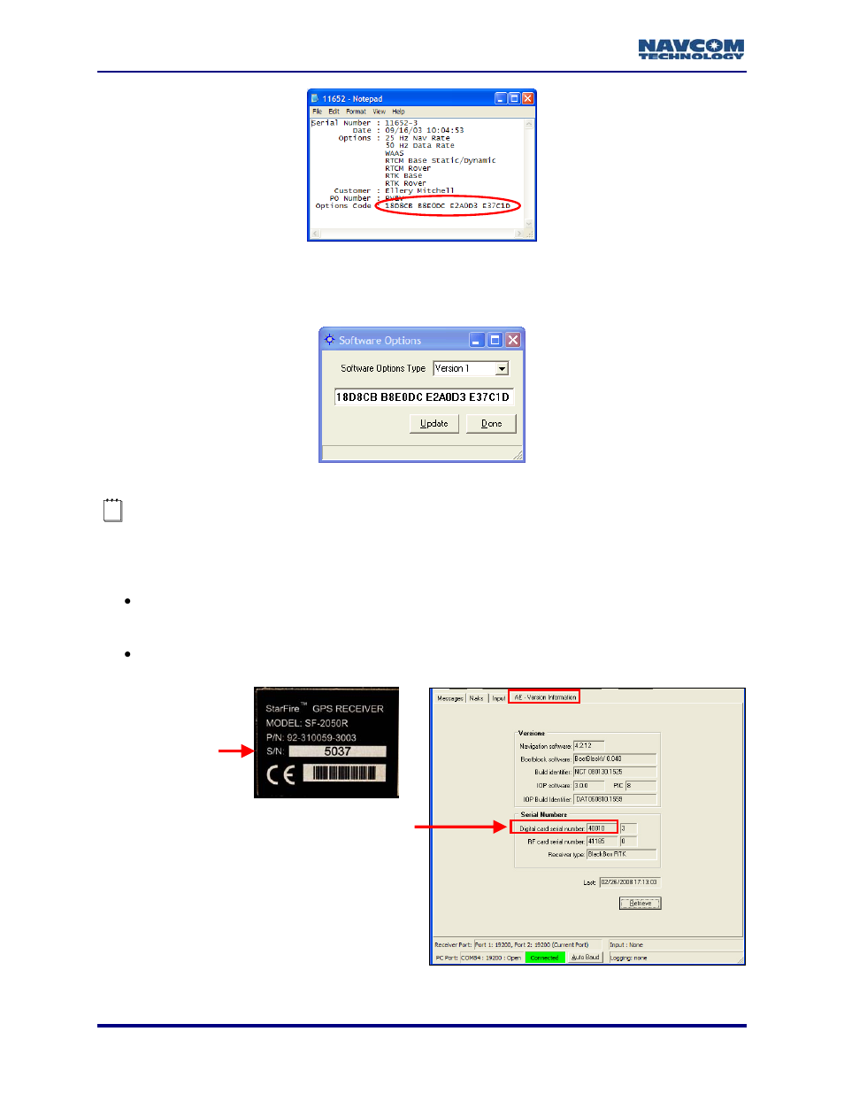 Figure 117: software options code, Figure 118: software options window, Figure 119: unit & digital card serial numbers | NavCom StarUtil Rev.G User Manual | Page 120 / 134