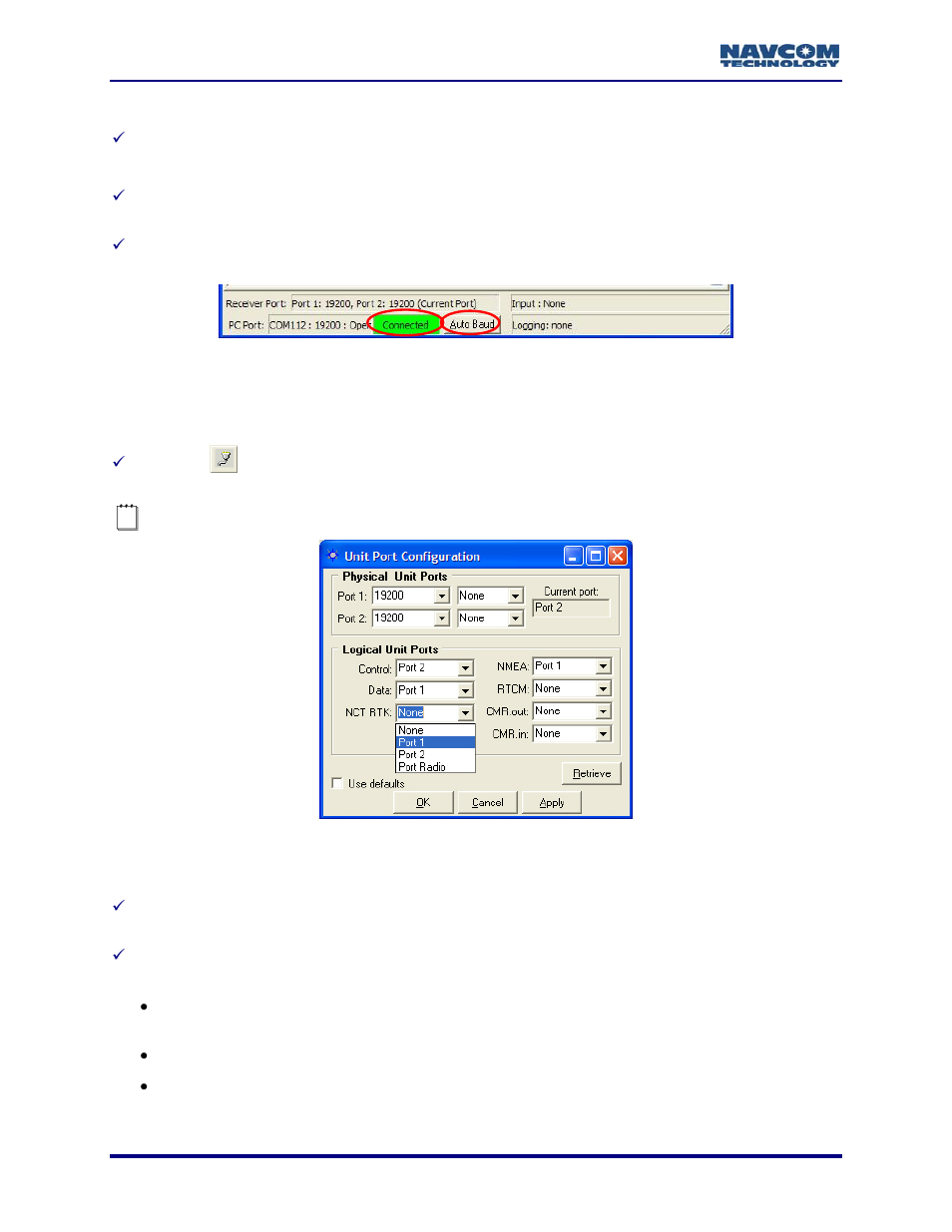 Configure unit ports, Physical unit ports, Figure 6: status bar | Figure 7: unit port configuration window, Rts (see figure 7) | NavCom StarUtil Rev.G User Manual | Page 22 / 134