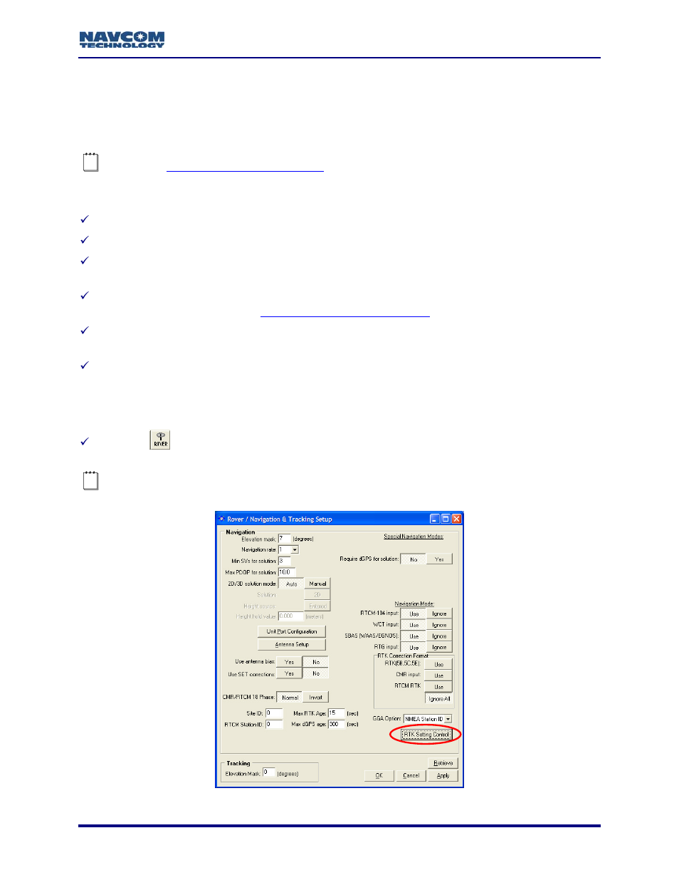 Rover / navigation & tracking setup window, Chapter 4, Rover / navigation & tracking setup window options | E figure 16, A reference of all the opt | NavCom StarUtil Rev.G User Manual | Page 31 / 134