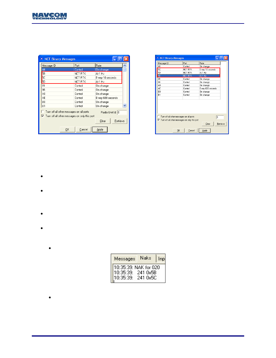 Verify base configuration, Figure 36: nct rtk scheduled messages | NavCom StarUtil Rev.G User Manual | Page 47 / 134