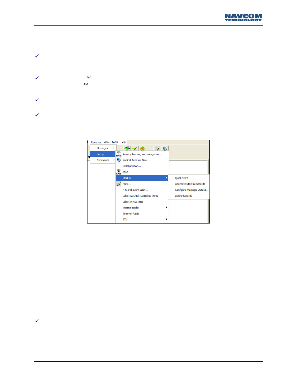 Starfire™ menu options, Quickstart, Figure 73: starfire™ menu | NavCom StarUtil Rev.G User Manual | Page 76 / 134