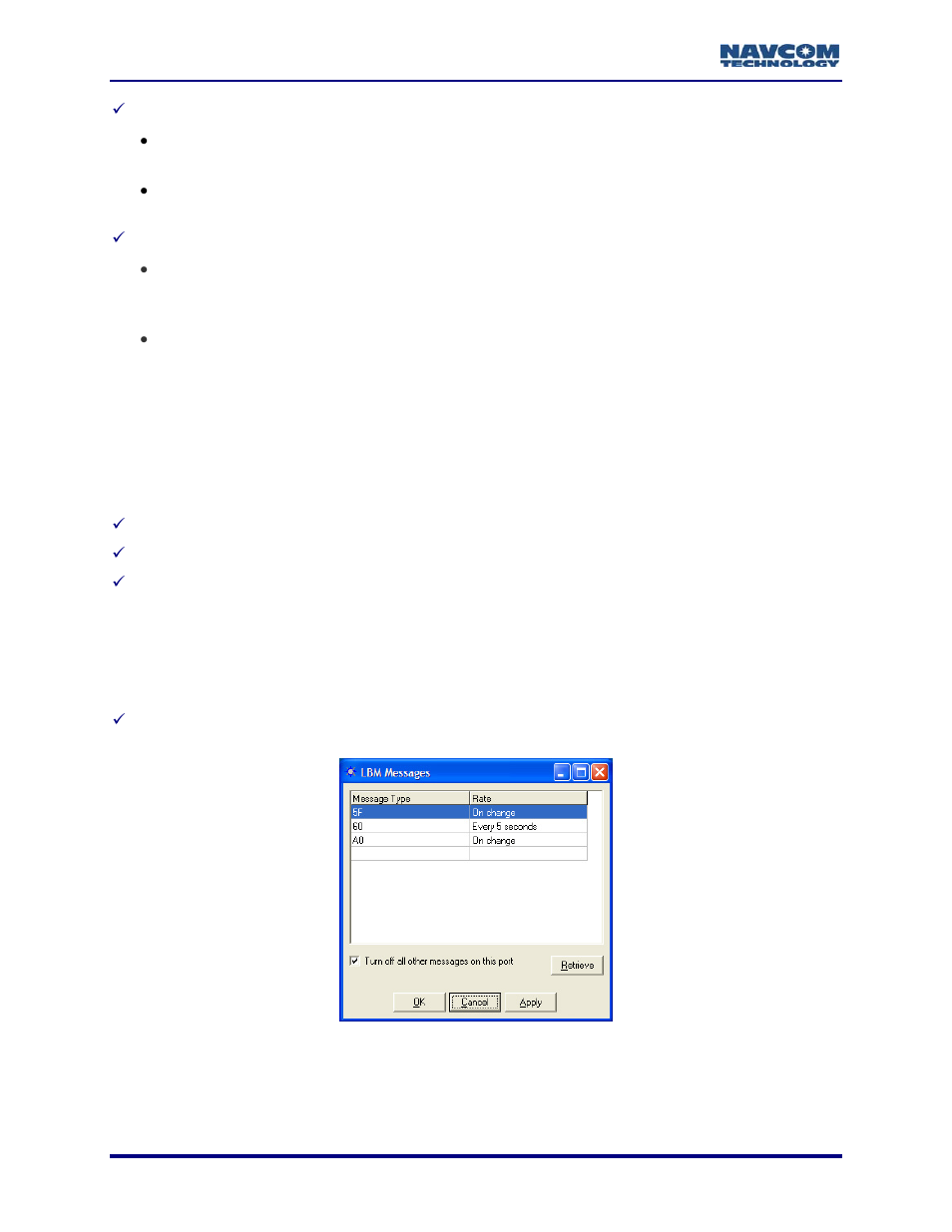 Failed search, Configure message output, Figure 76: lbm messages window | NavCom StarUtil Rev.G User Manual | Page 80 / 134