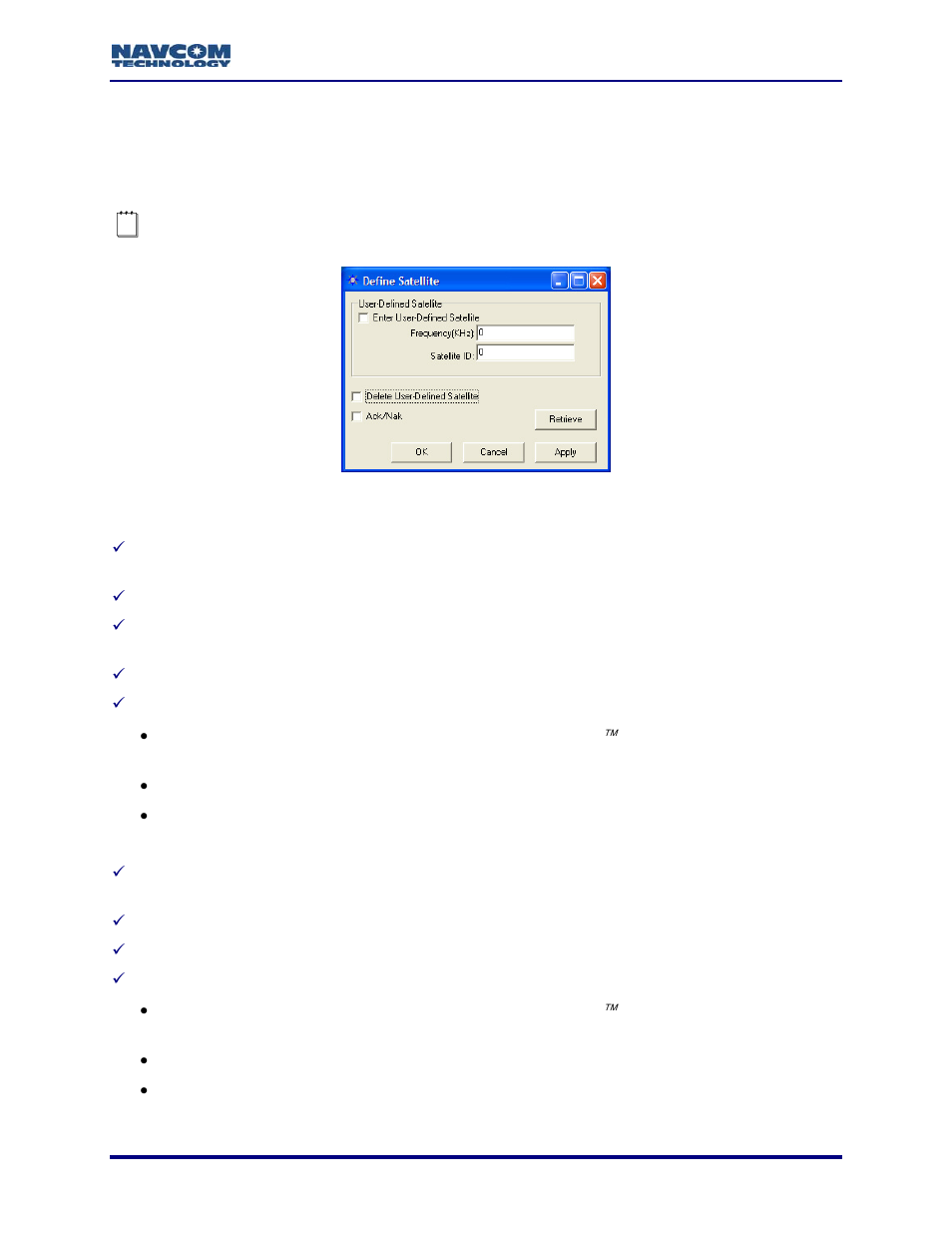Define satellite, Enter user-defined satellite, Delete user-defined satellite | Figure 77: define satellite window | NavCom StarUtil Rev.G User Manual | Page 81 / 134