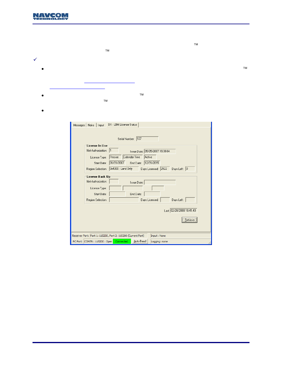 D1 – lbm license status, Figure 80: d1 – lbm license status | NavCom StarUtil Rev.G User Manual | Page 85 / 134