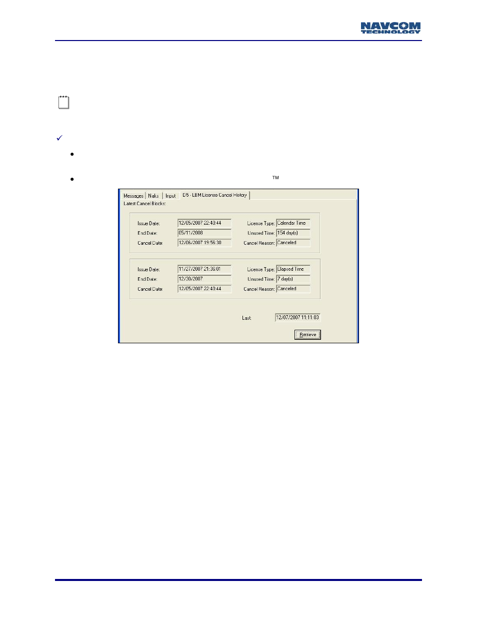 D5 – lbm license cancel history, Figure 83: d5 – lbm license cancel history | NavCom StarUtil Rev.G User Manual | Page 88 / 134