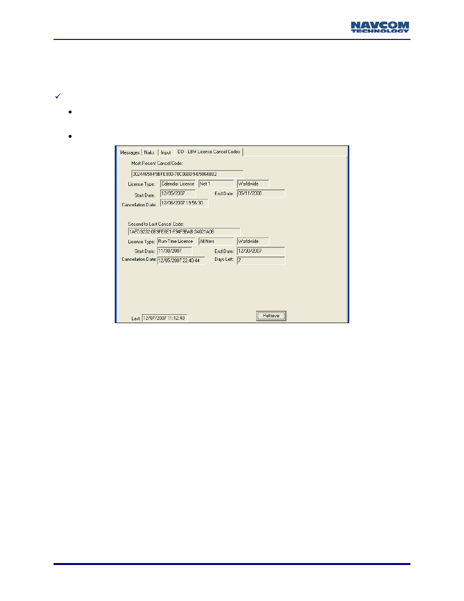 Dd – lbm license cancel codes, Figure 85: dd – lbm license cancel codes | NavCom StarUtil Rev.G User Manual | Page 90 / 134