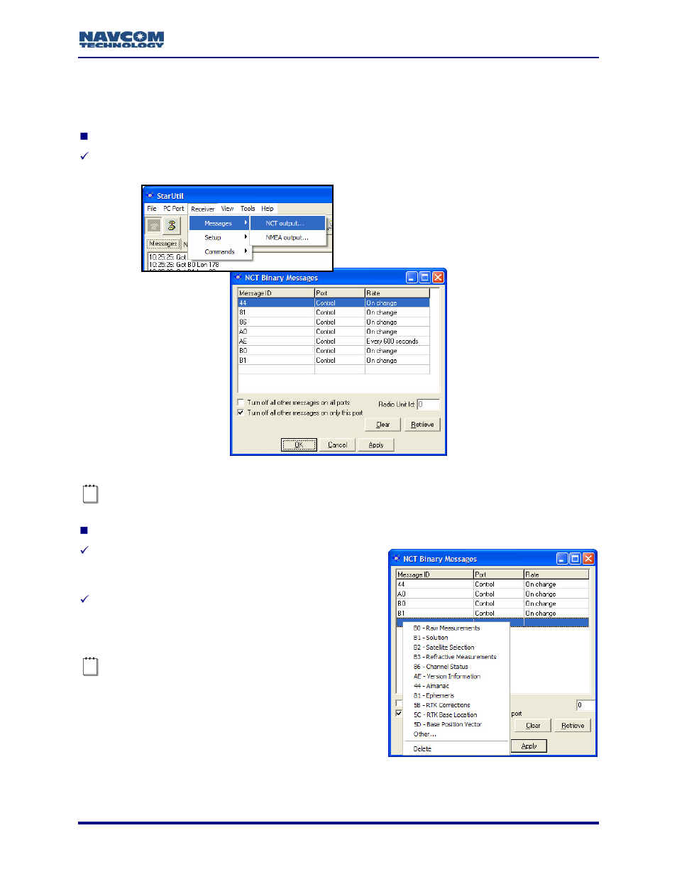 Nct binary messages, Figure 86: nct binary message output list, Figure 87: nct binary message id menu | See figure 86) | NavCom StarUtil Rev.G User Manual | Page 93 / 134