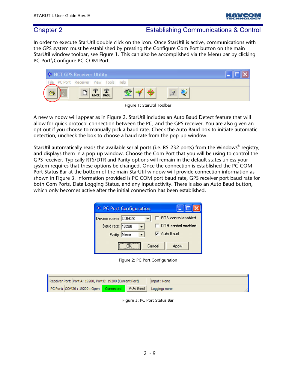 Chapter 2 establishing communications & control, Figure 1: starutil toolbar, Figure 2: pc port configuration | Figure 3: pc port status bar | NavCom StarUtil Rev.E User Manual | Page 10 / 58