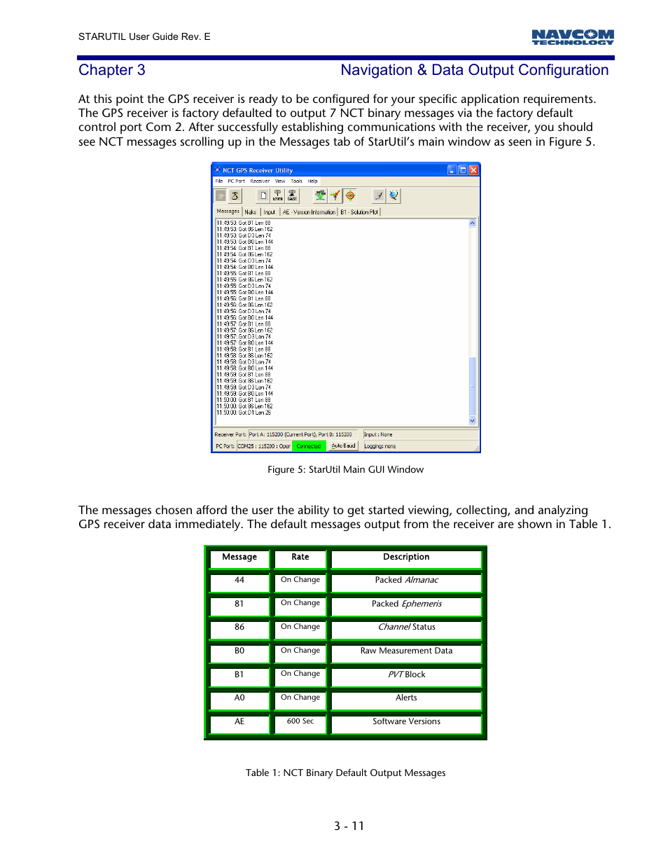 Chapter 3 navigation & data output configuration, Chapter 3, Navigation & data output configuration | Figure 5: starutil main gui window, Table 1: nct binary default output messages | NavCom StarUtil Rev.E User Manual | Page 12 / 58