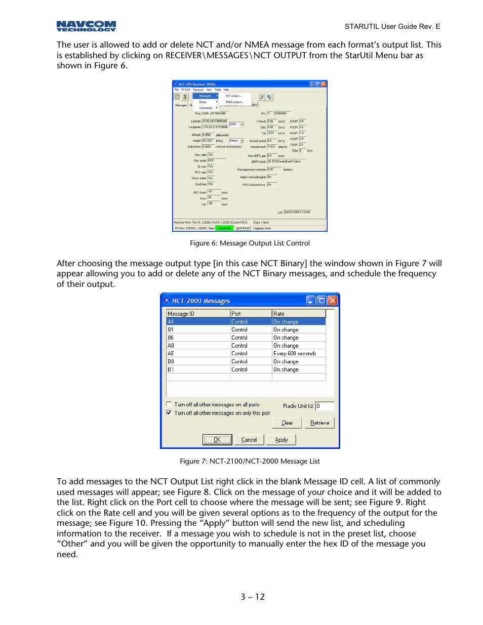 Figure 6: message output list control, Figure 7: nct-2100/nct-2000 message list | NavCom StarUtil Rev.E User Manual | Page 13 / 58
