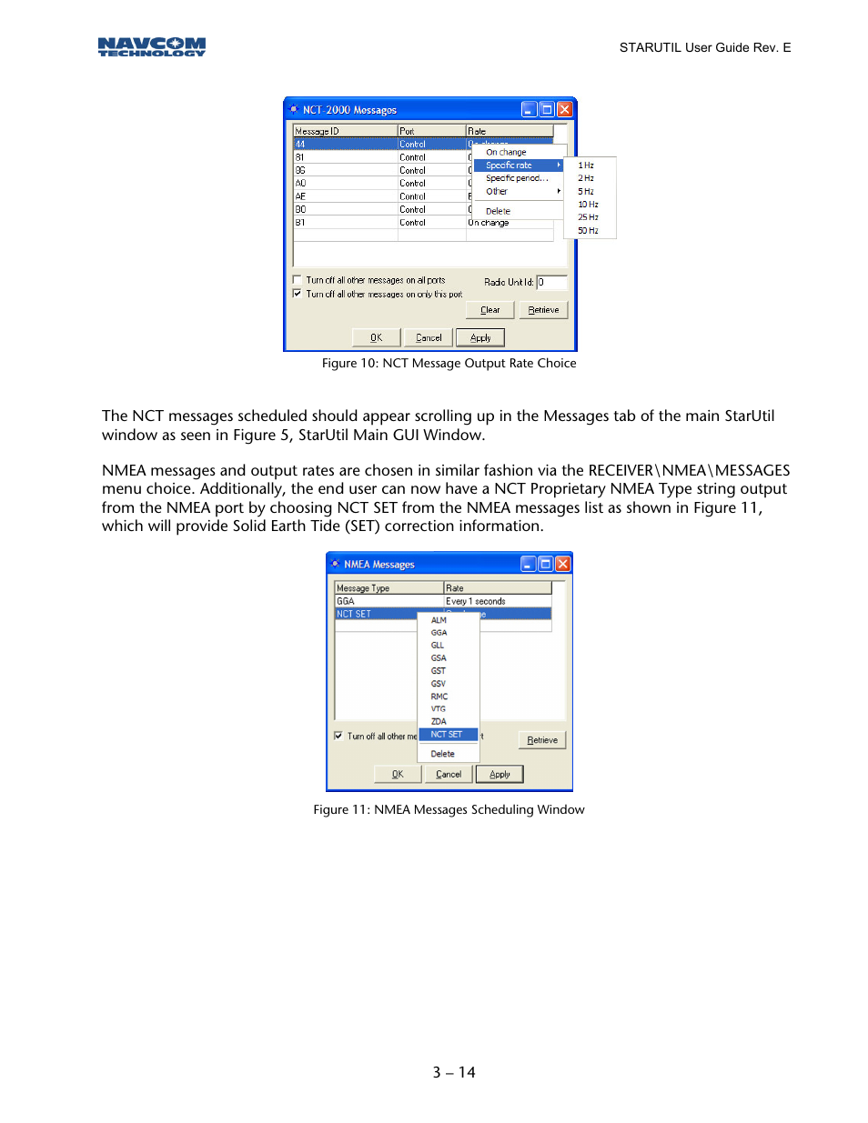 Figure 10: nct message output rate choice, Figure 11: nmea messages scheduling window | NavCom StarUtil Rev.E User Manual | Page 15 / 58