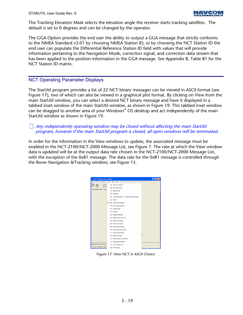 Nct operating parameter displays, Figure 17: view nct in ascii choice | NavCom StarUtil Rev.E User Manual | Page 20 / 58