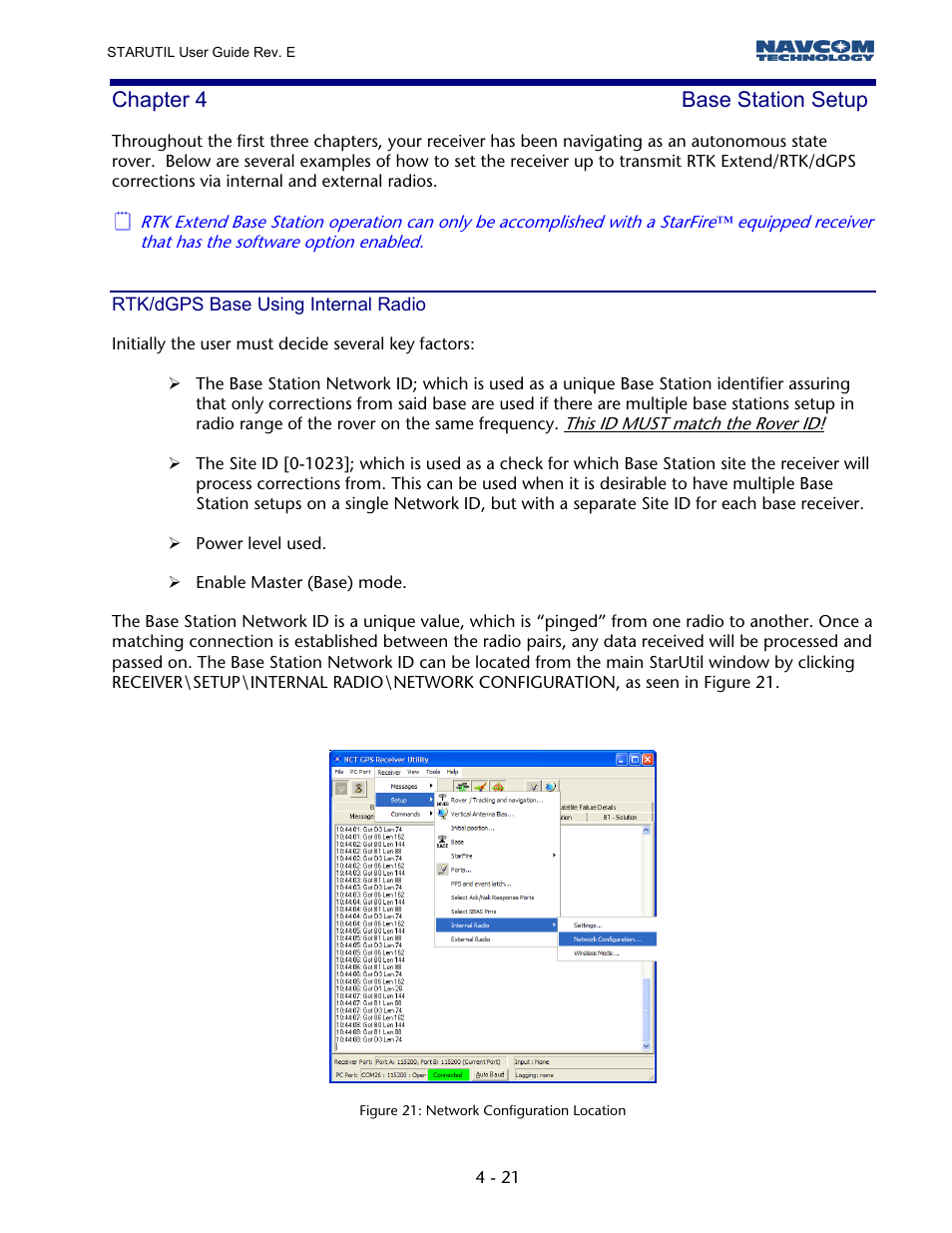 Chapter 4 base station setup, Rtk/dgps base using internal radio, Figure 20: network configuration location | NavCom StarUtil Rev.E User Manual | Page 24 / 58