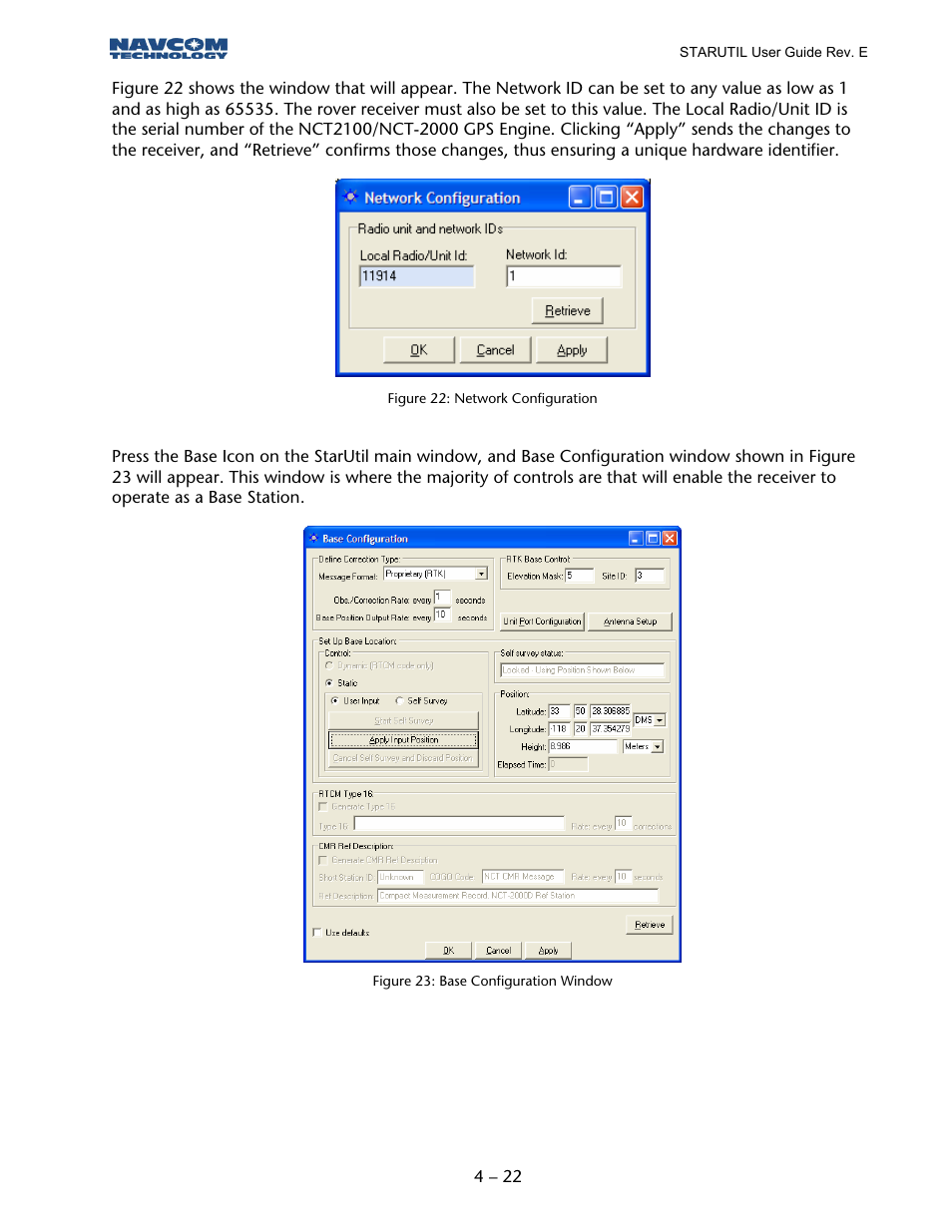 Figure 21: network configuration, Figure 22: base configuration window | NavCom StarUtil Rev.E User Manual | Page 25 / 58