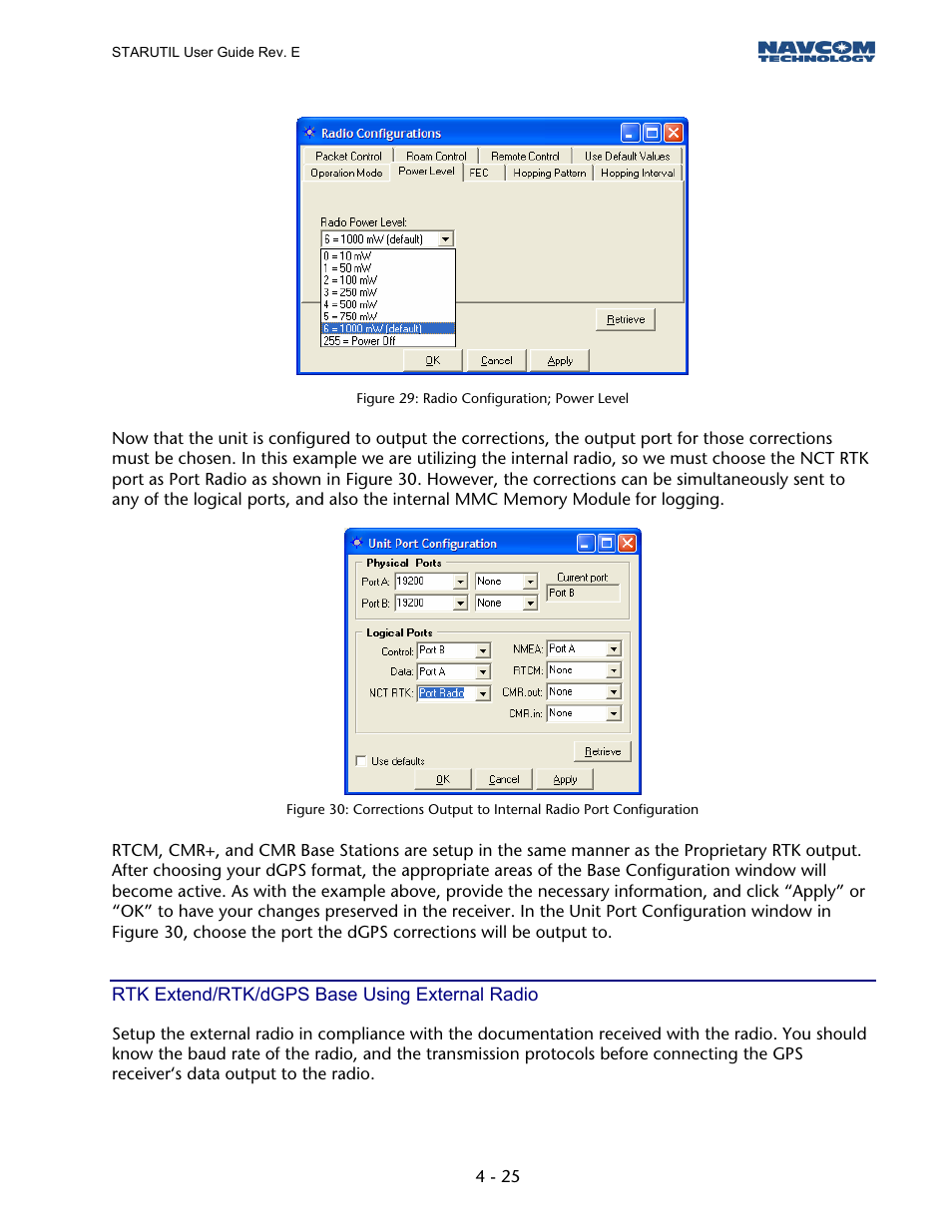 Rtk extend/rtk/dgps base using external radio, Figure 28: radio configuration; power level | NavCom StarUtil Rev.E User Manual | Page 28 / 58