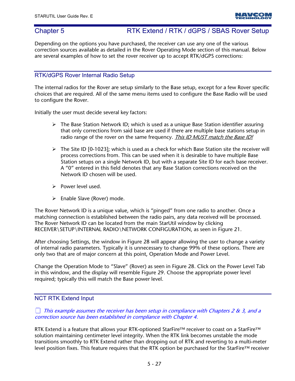 Rtk/dgps rover internal radio setup, Nct rtk extend input | NavCom StarUtil Rev.E User Manual | Page 30 / 58