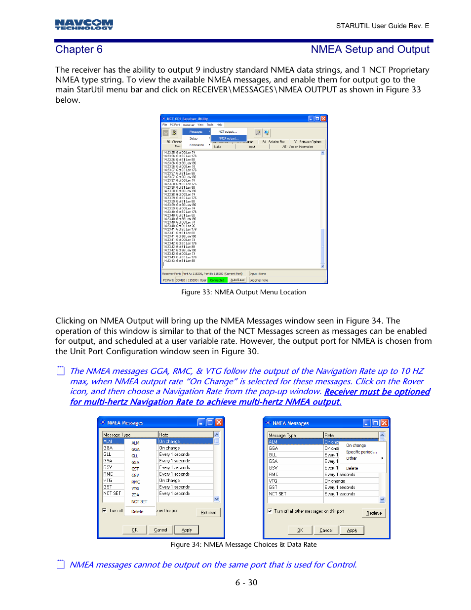 Chapter 6 nmea setup and output, Figure 32: nmea output menu location, Figure 33: nmea message choices & data rate | NavCom StarUtil Rev.E User Manual | Page 33 / 58