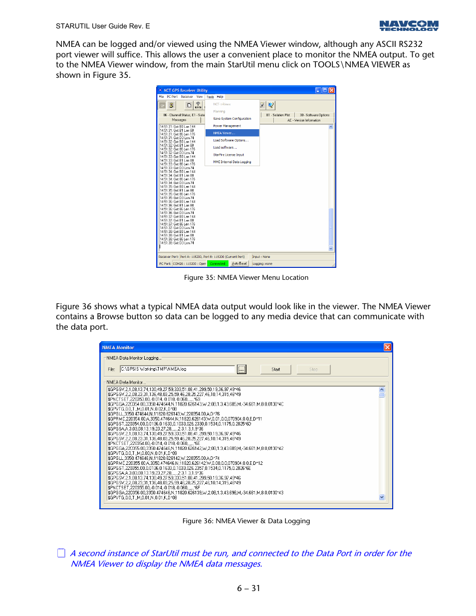 Figure 34: nmea viewer menu location, Figure 35: nmea viewer & data logging | NavCom StarUtil Rev.E User Manual | Page 34 / 58