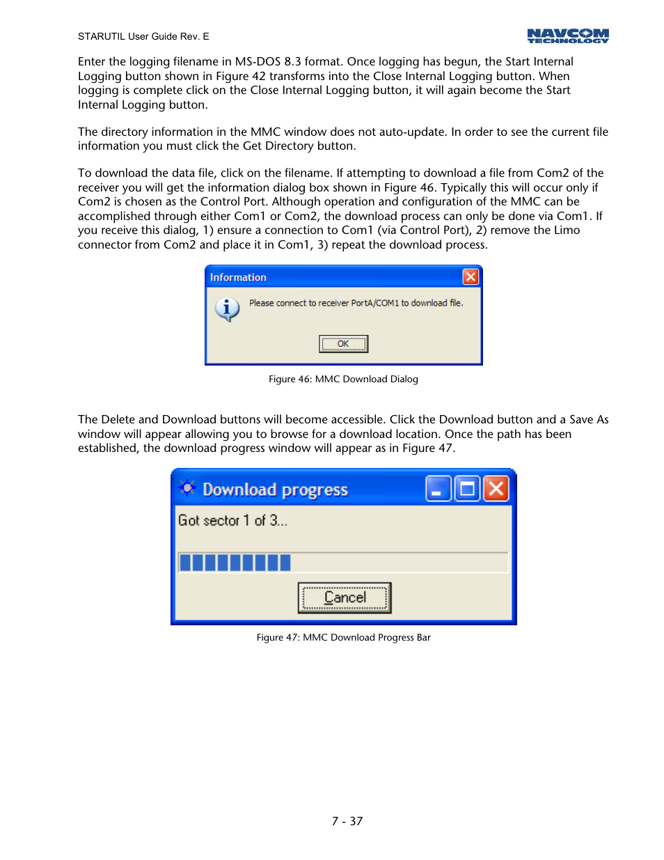 Figure 45: mmc download dialog, Figure 46: mmc download progress bar | NavCom StarUtil Rev.E User Manual | Page 40 / 58