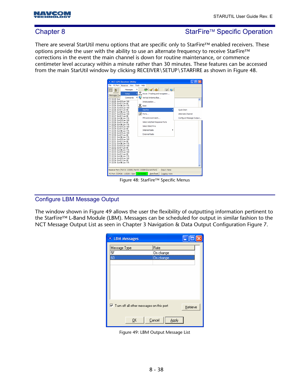 Chapter 8 starfire tm specific operation, Configure lbm message output, Chapter 8 starfire | Specific operation, Figure 47: starfire™ specific menus, Figure 48: lbm output message list, Chapter 8 starfire ™ specific operation | NavCom StarUtil Rev.E User Manual | Page 41 / 58