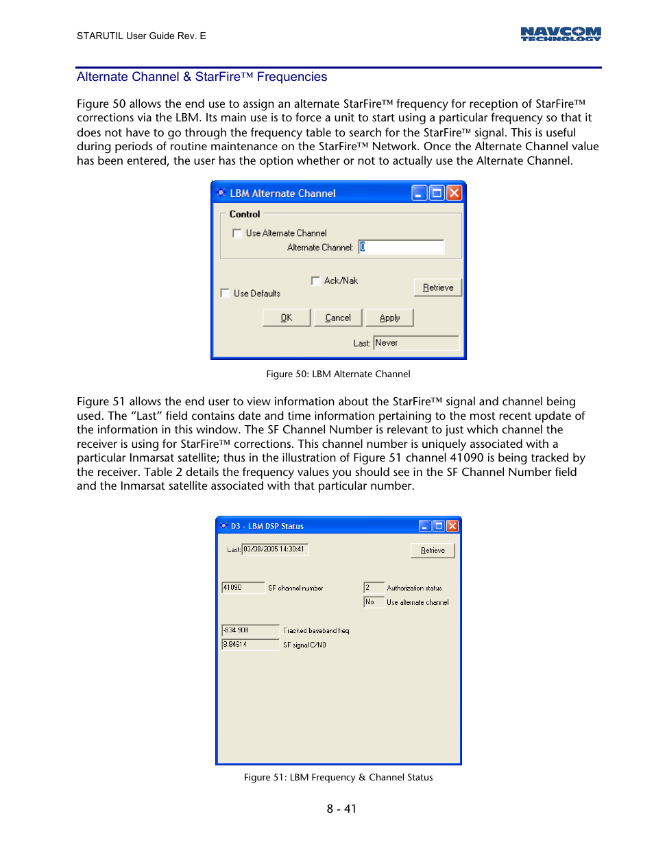 Alternate channel & starfire™ frequencies, Figure 49: lbm alternate channel, Figure 50: lbm frequency & channel status | NavCom StarUtil Rev.E User Manual | Page 42 / 58